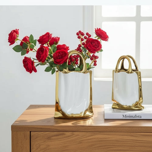 Gold Border Ceramic Handbag Shape Vase