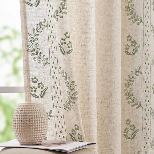 Linen Curtains for Bedroom Floral Curtains 63 Inch Length Linen Blend Beige Embroidered Drapes Farmhouse