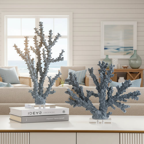 Blue resin simulated coral branch sculpture, table art decor piece with intricate coral design and natural ocean-inspired look.