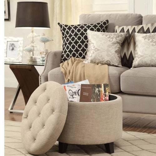 Upholstered Tufted Round Ottoman Footstool, Burlap Beige - The Finishing Touch Decor
