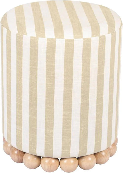 Coastal blue and beige striped linen Ottoman stool from The Finishing Touch Decor, small furniture piece with a stylish design.