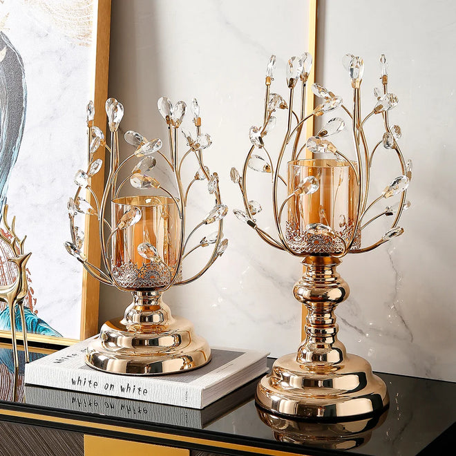 New-Classical Crystal Glass Shiny Metal Tall Tea Pillar Candle Holders - The Finishing Touch Decor