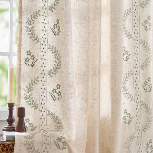 Linen Curtains for Bedroom Floral Curtains 63 Inch Length Linen Blend Beige Embroidered Drapes Farmhouse