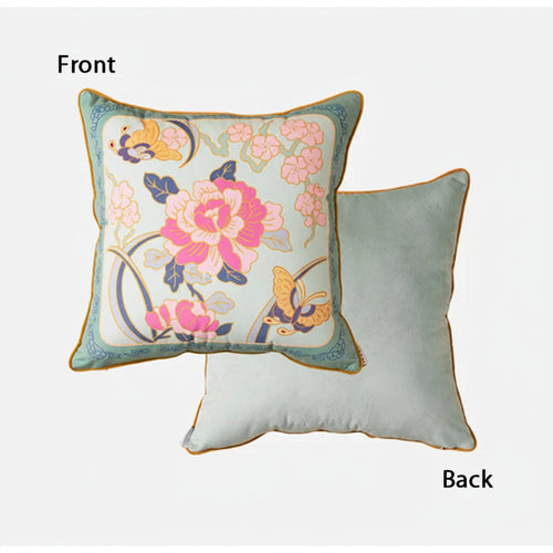 Crane & Pink Flowers Velvet Throw Pillow Covers