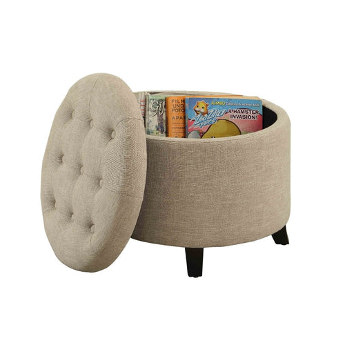 Upholstered Tufted Round Ottoman Footstool, Burlap Beige - The Finishing Touch Decor