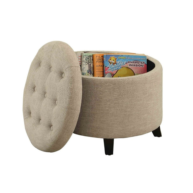 Upholstered Tufted Round Ottoman Footstool, Burlap Beige - The Finishing Touch Decor