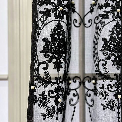 Lace Pearl French Embroidery Black Sheer Window Curtains - The Finishing Touch Decor