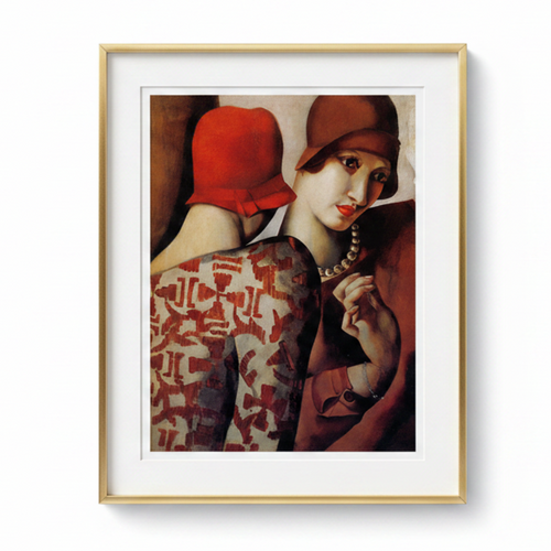 Red "De Lempicka" vintage deco wall art print featuring bold geometric design and elegant art deco style.