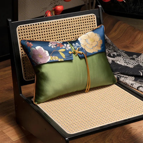 Embroidered floral oriental satin throw pillow cover in rich colors, decorative accent for sofa or bed.