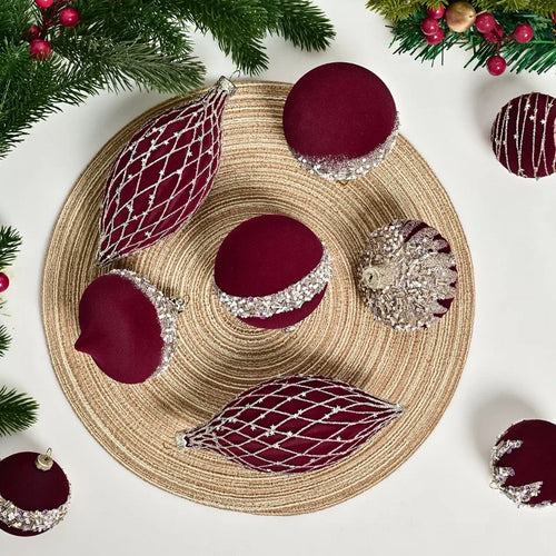 Set of 10 velvet holiday ornaments in red, green, and blue with sparkling accents, perfect for festive holiday decorating.