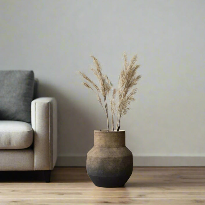 13" Brown Terracotta Vase - Round Rustic Pottery for Living Room, Entryway & Farmhouse Decor