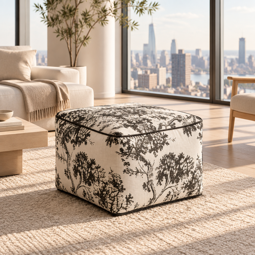 Thick Black & Off-White Chenille Pouf Ottoman Cover