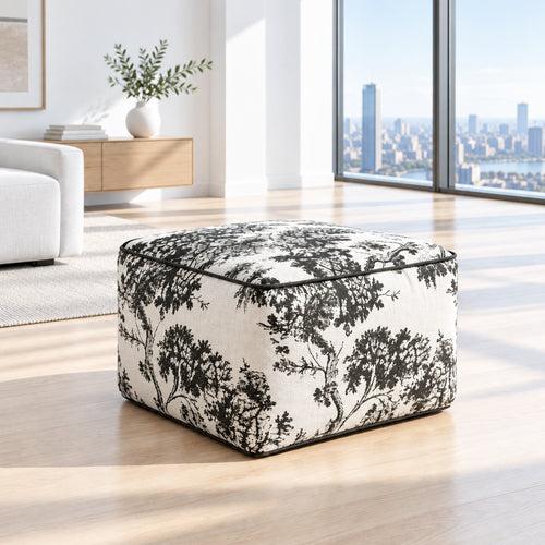 Thick Black & Off-White Chenille Pouf Ottoman Cover