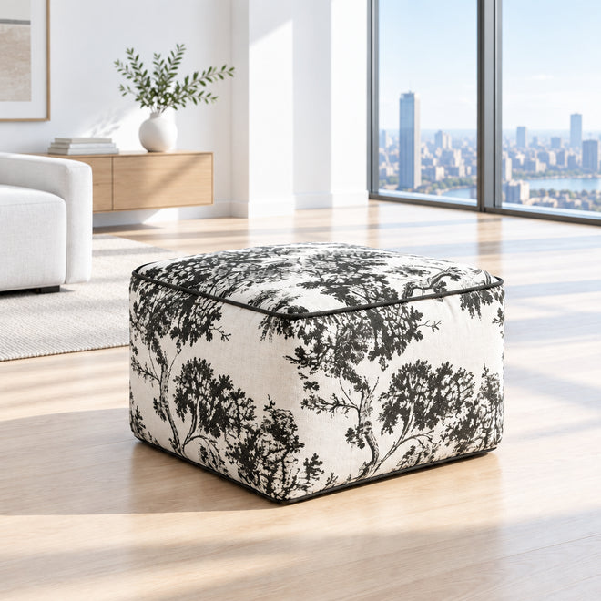 Thick Black & Off-White Chenille Pouf Ottoman Cover