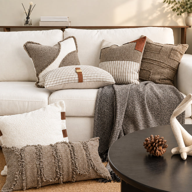Cream & Greige Wabi-Sabi Fringed Throw Pillow Covers
