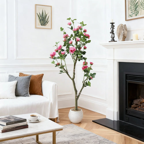 Tall Artificial Pink Rose Blossom Tree with Pot