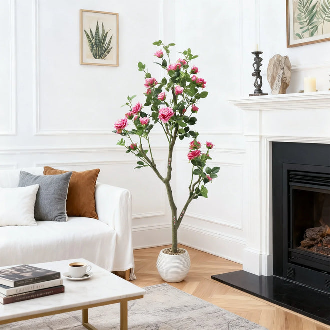 Tall Artificial Pink Rose Blossom Tree with Pot