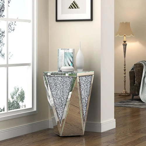 Mirrored End Table Crystal Diamond Setting Coffee Table Silver Glass Side Table Pedestal Stand For Hallway, Living Room,