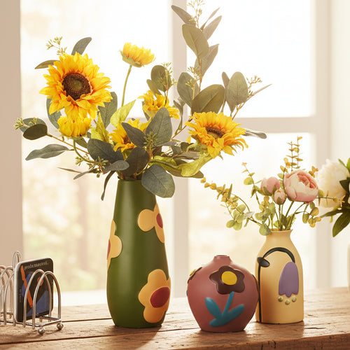 Colorful retro flower hand-painted decorative vase with vibrant floral designs by The Finishing Touch Decor.