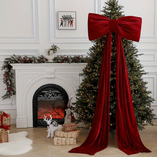 Large red velvet Christmas holiday decorative bow from The Finishing Touch Decor, measuring 78 inches for festive holiday decor.