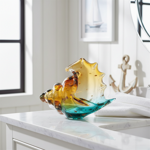 Coastal hand-blown glass conch shell statue, decorative table art piece by The Finishing Touch Decor, featuring vibrant ocean-inspired colors.