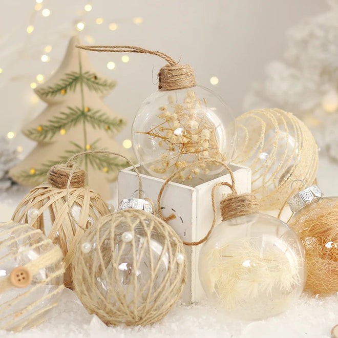 Jute & Straw Rustic Clear Ball Ornaments - Set of 6