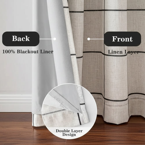 Horizontal stripe coastal linen blackout curtains in black with a stylish stripe pattern, designed for light-blocking and elegant decor.