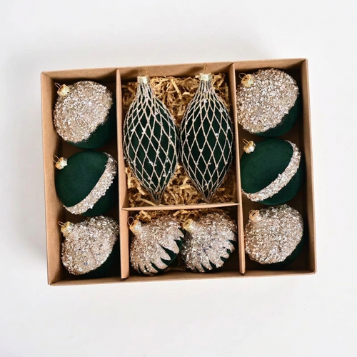 Set of 10 velvet holiday ornaments in red, green, and blue with sparkling accents, perfect for festive holiday decor.