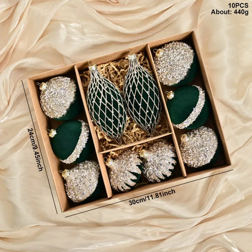 Set of 10 velvet holiday ornaments in red, green, and blue with sparkling details, perfect for festive decor from The Finishing Touch Decor.