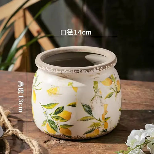 Retro Lemon Printing Underglaze Color Flower Pot