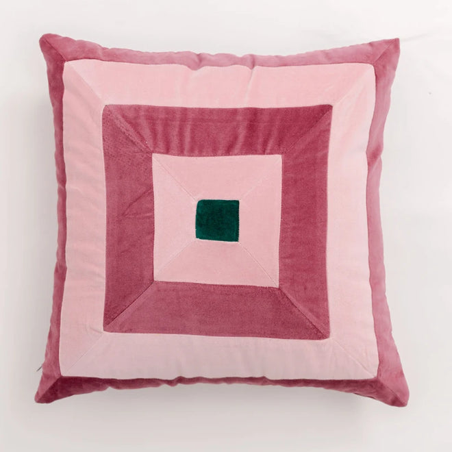 Colorful retro patchwork velvet throw pillows from The Finishing Touch Decor, featuring vibrant patterns and soft fabric.