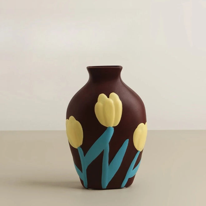 Colorful retro flower hand-painted decorative vase with vibrant floral designs, ideal for home decor.