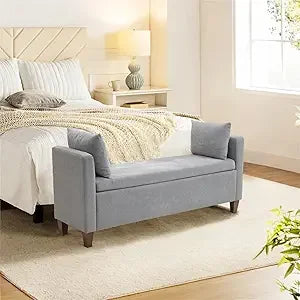 Storage Bench for Bedroom, 55" End of Bed Bench for King Size Bed, Modern Upholstered Long Ottoman Bench with Arms and 2 Pillows