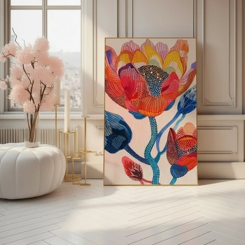 Colorful abstract botanical canvas wall art by The Finishing Touch Decor, featuring vibrant plant-inspired design for living room decor.