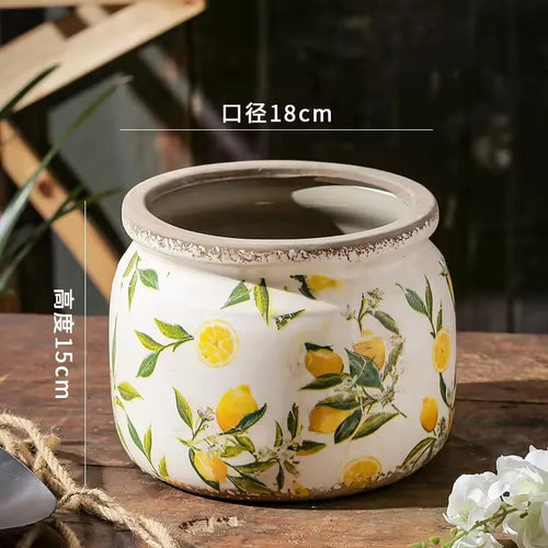 Retro Lemon Printing Underglaze Color Flower Pot