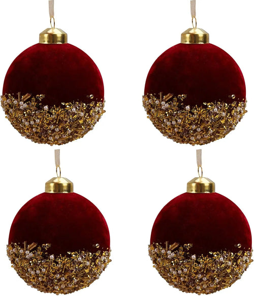Red velvet and glitter Christmas ball ornaments for holiday decor, featuring festive red and sparkling accents.