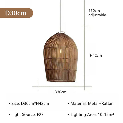 Wabi Sabi rattan wicker pendant light by The Finishing Touch Decor hanging from ceiling with warm natural tones and woven design