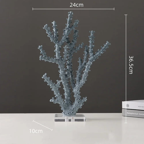 Blue resin simulated coral branch sculpture for table decor, crafted by The Finishing Touch Decor, showcasing intricate coral details.