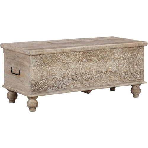 Fossile Ridge Boho Carved Wood Storage Bench with Hinge Top,