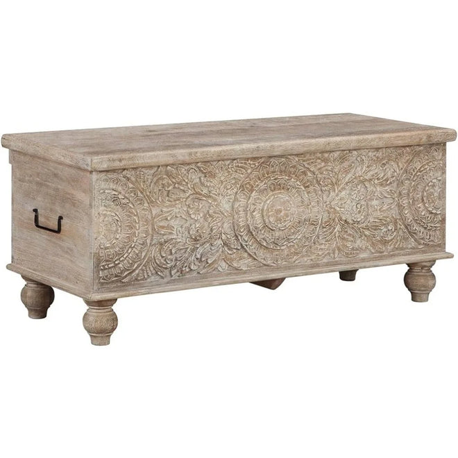Fossile Ridge Boho Carved Wood Storage Bench with Hinge Top,