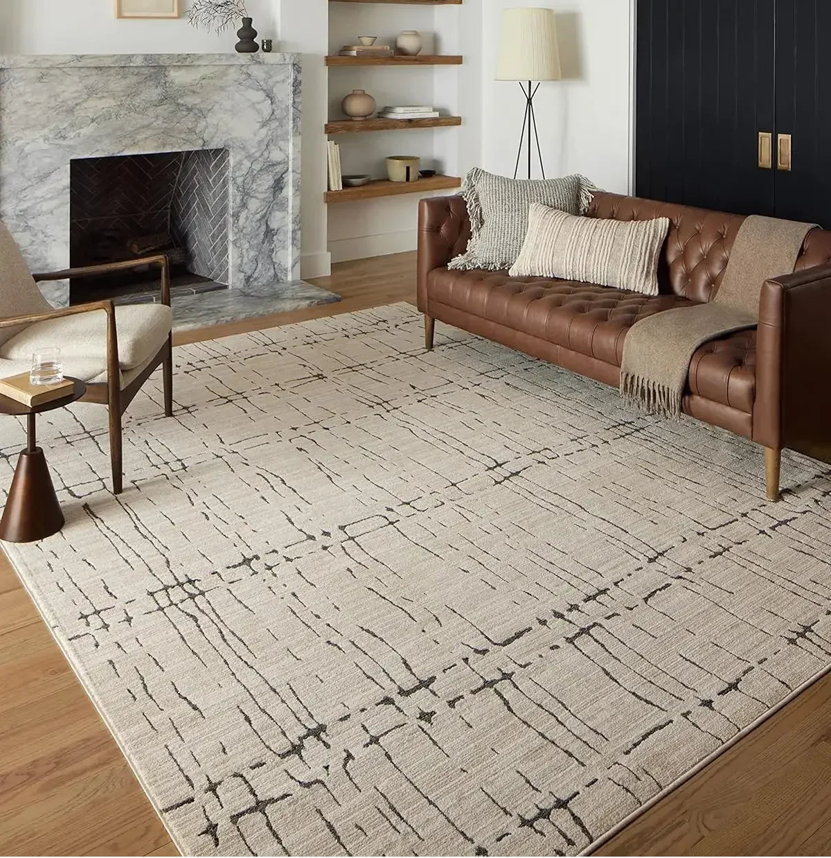 Sand and grey low pile line pattern area rug 8x10 from The Finishing Touch Decor, showcasing a modern rug design with subtle linear patterns.