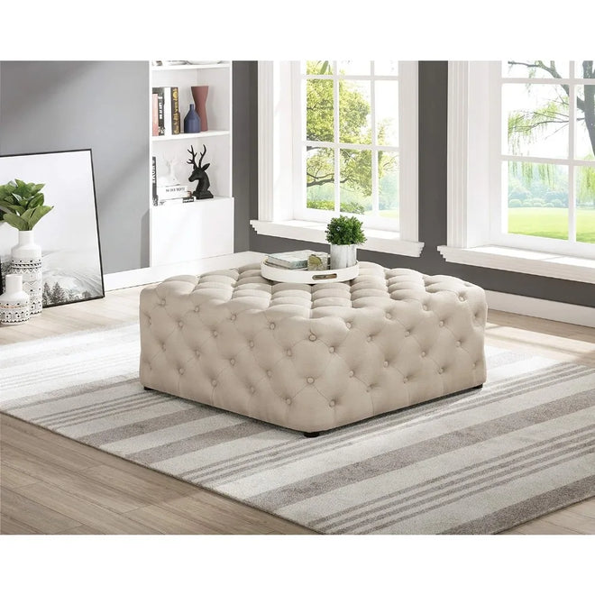 Sherlyn Tufted Square Ottoman/Footstool, Beige Linen