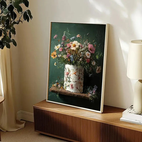 Retro floral vase canvas wall art by The Finishing Touch Decor featuring vibrant floral design on stretched canvas.