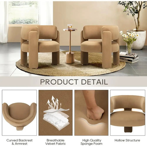 Pair of tan modern velvet barrel armchairs from The Finishing Touch Decor, featuring sleek design and plush upholstery.