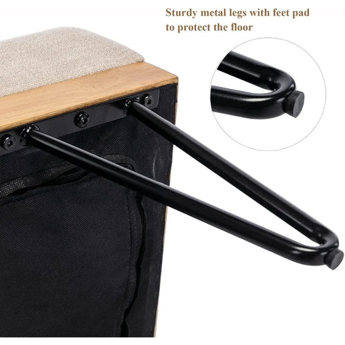 Industrial Modern Linen Rectangle Ottoman Bench with PU Strap and Metal Legs, Mid Century Dining Table Bench Footstool Entryway