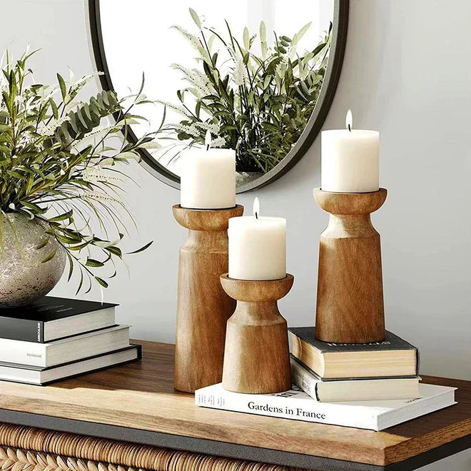Rustic Set of 3 Natural Wood Candle Holders - The Finishing Touch Decor