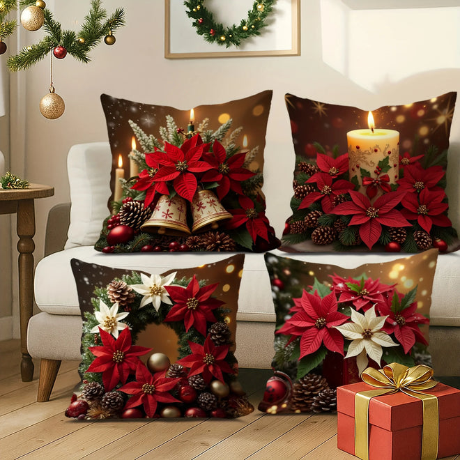 Red Poinsettia Throw Pillow Cover Set of 4