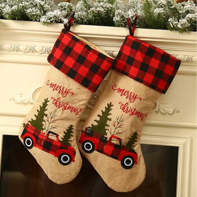 Vintage Truck Red Plaid Christmas Stocking Set