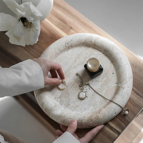 Beige Travertine Stone Bedside Jewelry Tray Plate - The Finishing Touch Decor