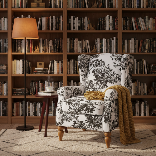 Upholstered wingback floral accent chair with matching small table, stylish and cozy furniture piece from The Finishing Touch Decor.
